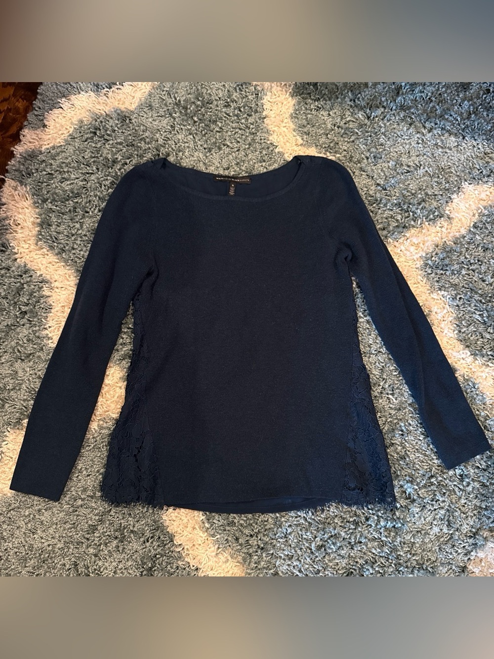 White House Black Market Navy Long Sleeve Top with Side Lace Panels